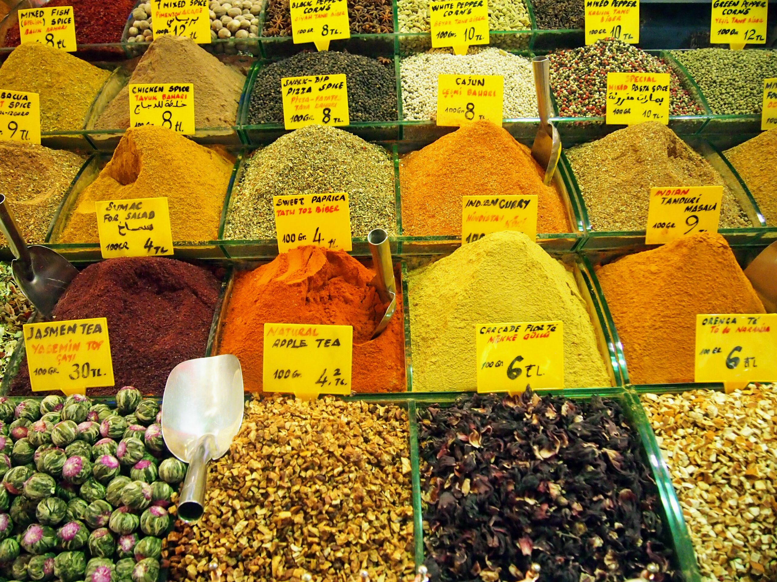 Many spices laid out for sale at the Spice Market in Istanbul