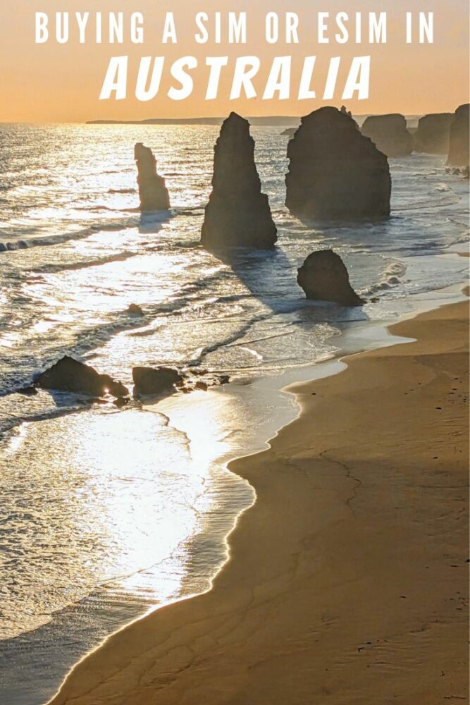 The 12 Apostles rock formation in Victoria, Australia, at sunset, with the text "Buying a SIM or eSIM in Australia" overlaid at top