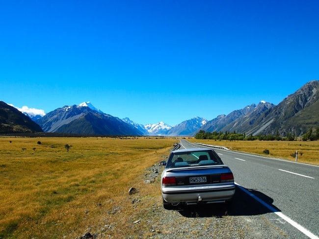 Car on the road to Mount Cook