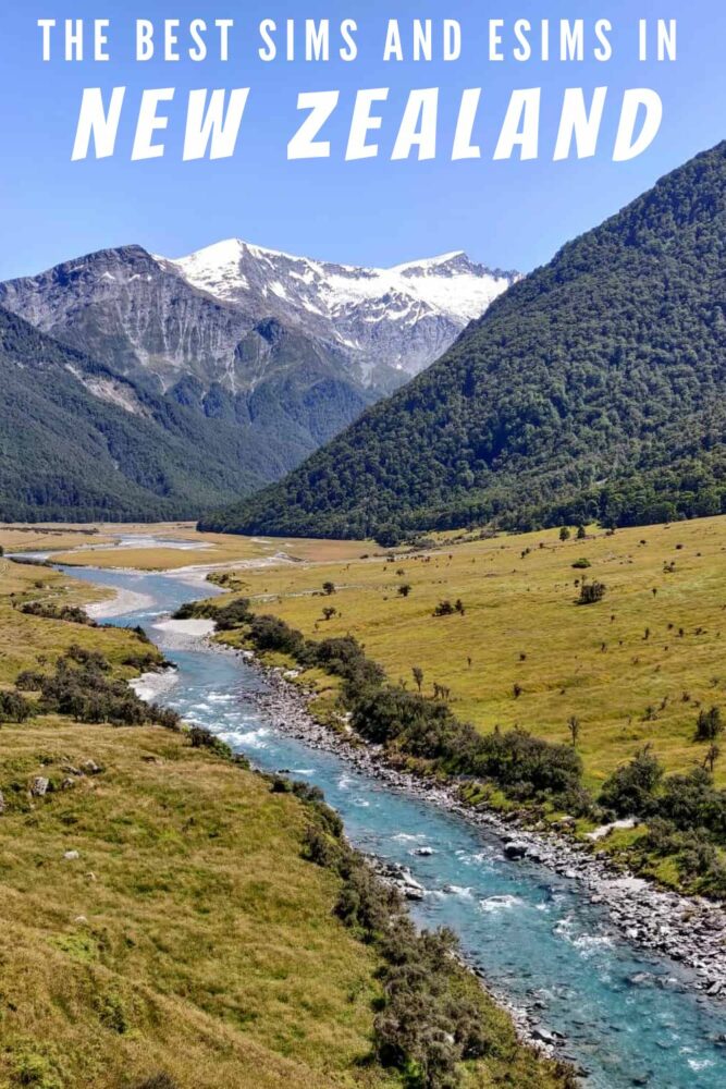 Photo of a river in a valley with grassy banks on both sides and hills and mountains in the distance, with text "The Best SIMs and eSIMs in New Zealand" overlaid at top