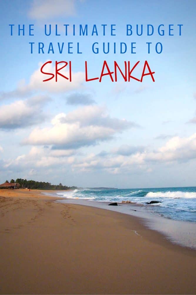 Beach and ocean with the text "The Ultimate Budget Travel Guide to Sri Lanka" overlaid at top