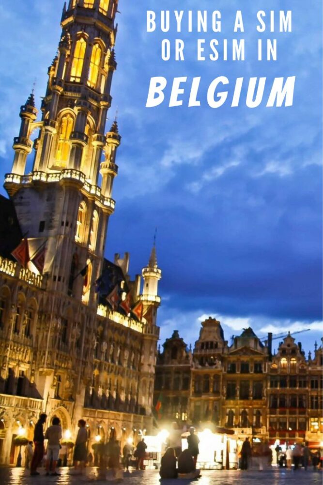 Text "Buying a SIM or eSIM in Belgium" overlaid over a photo of a church and other buildings lit up at night in Brussels