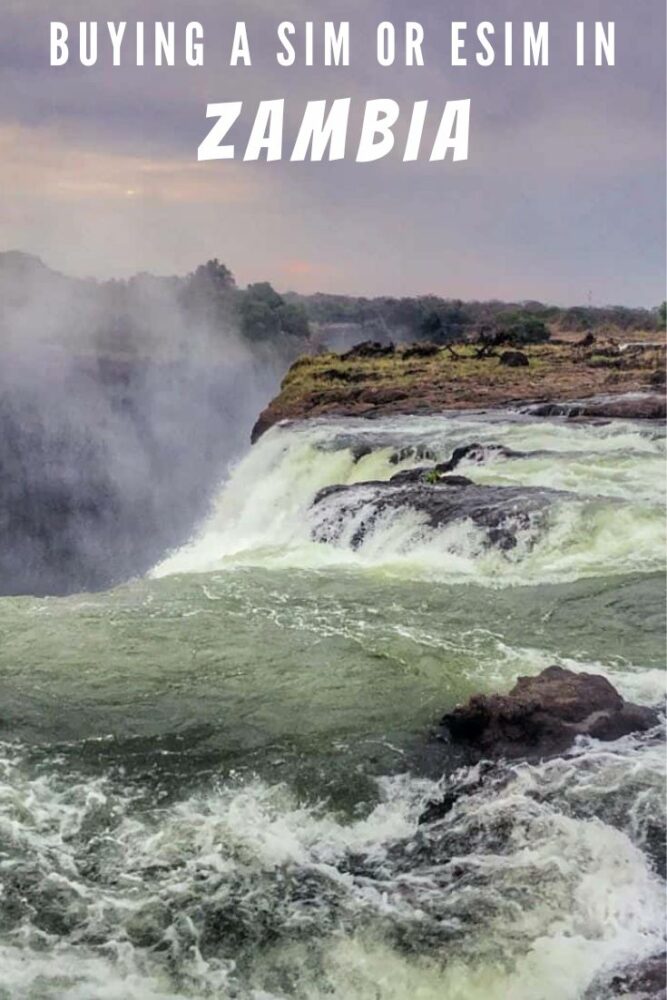 Text "Buying a SIM or eSIM in Zambia" overlaid over a photo of the top of Victoria Falls
