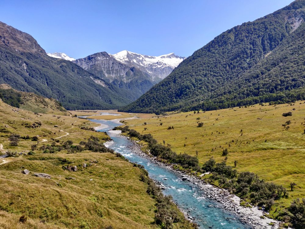 View of the river and mountains in the West Matukituki valley