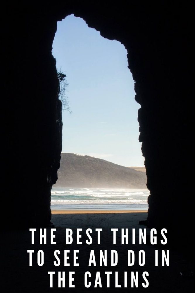 Photo from inside Cathedral Caves, with the text "The Best Things to See and Do in the Catlins" at the bottom