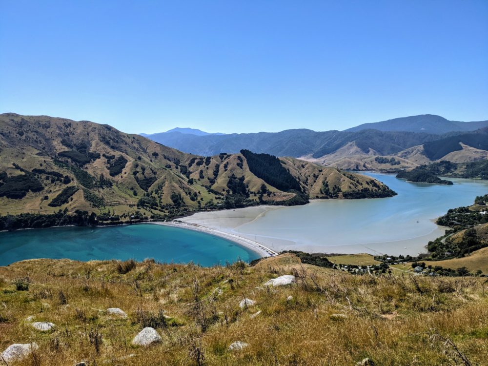 View of two bays from the top of a hill, at Cable Bay, New Zealand