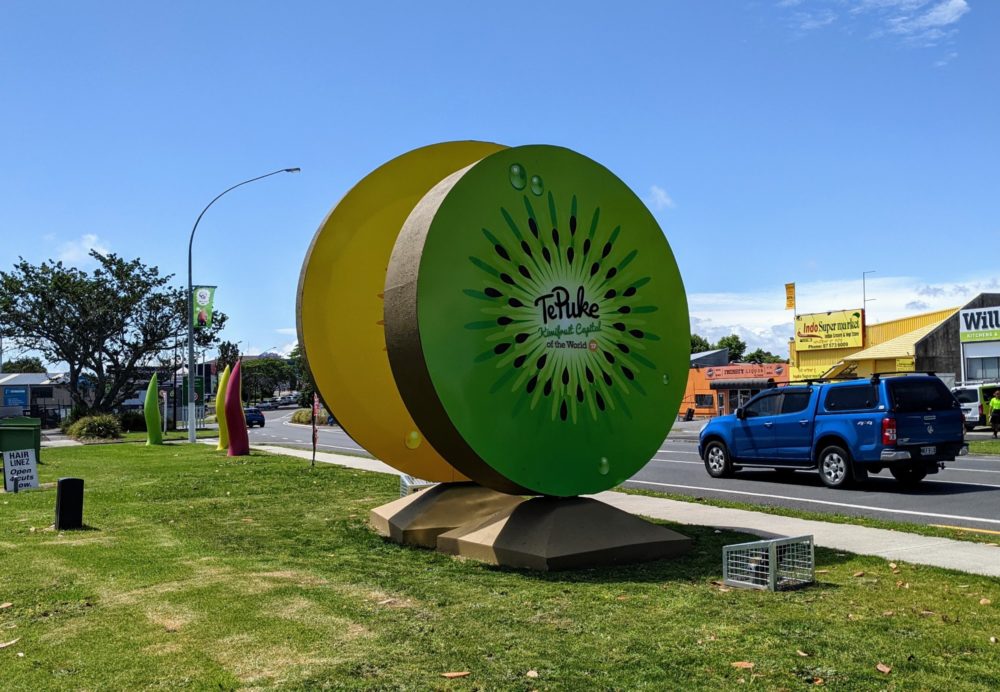 Giant kiwifruit sculpture in Te Puke, New Zealand