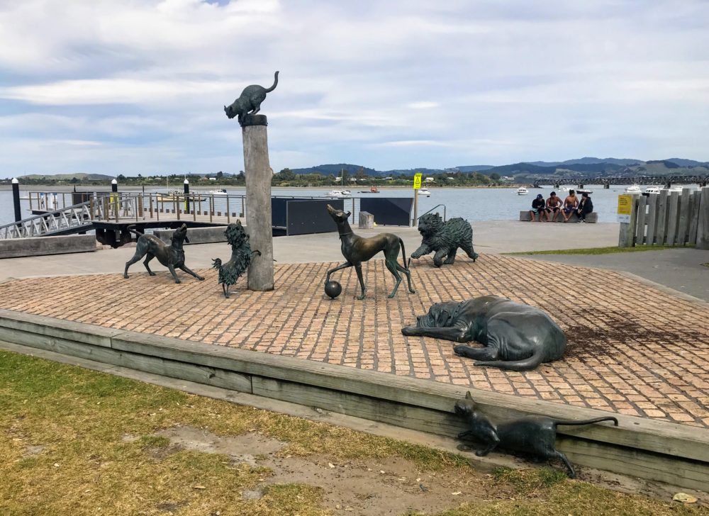Statues of animals from Hairy Maclary books on the Tauranga waterfront