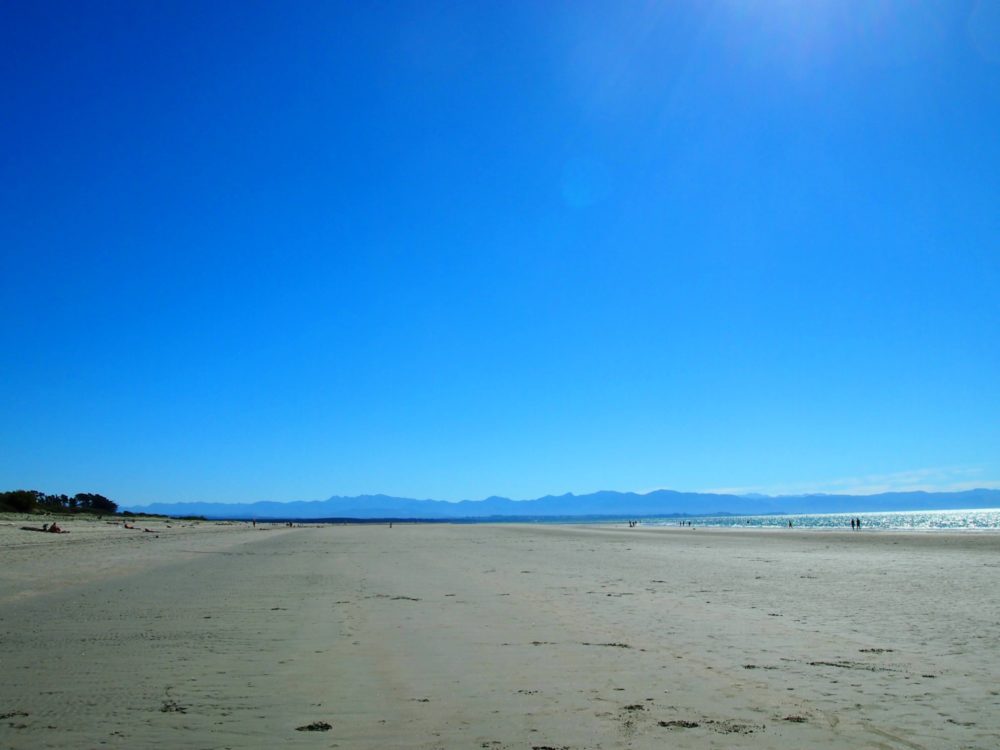 Looking down Tahunanui beach on a sunny day with hills in the distance in Nelson, New Zealand