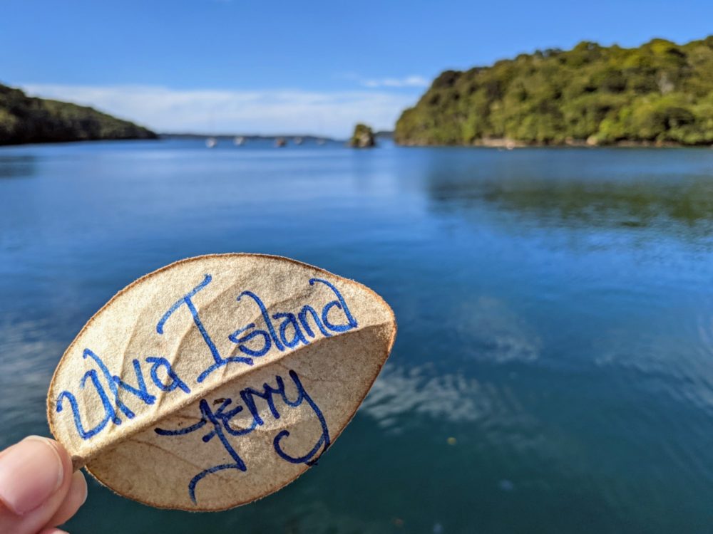 Ulva Island Ferry ticket hand-written on the back of a leaf, with ocean and islands in the background 