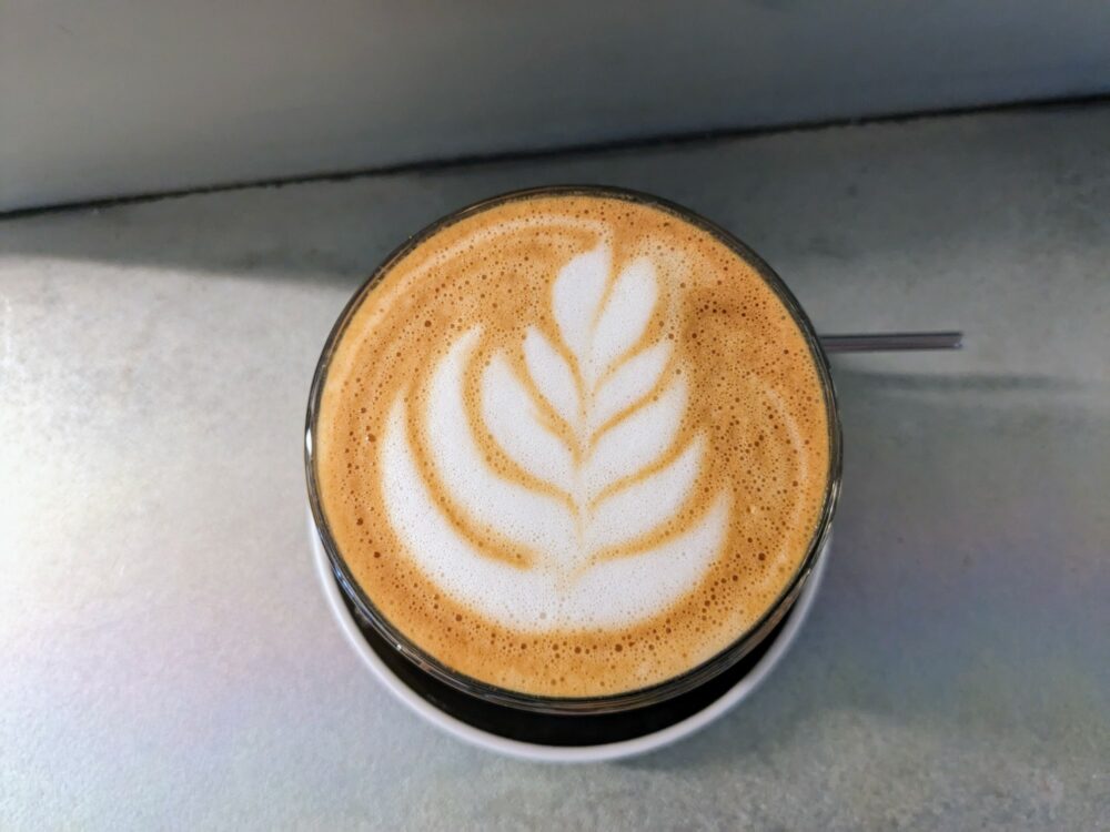 Overhead view of coffee with latte art at LIFT Coffee, Notting Hill