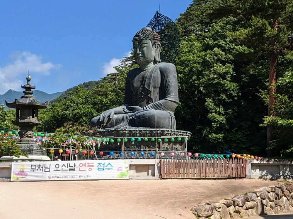 Giant seated Buddha statue, with trees behind and mountains visible in the background. A low gate provides access to the base of the statue.