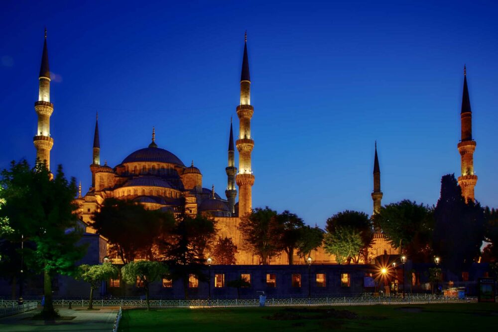 View at sunset over a mosque and minarets in Istanbul, Turkey