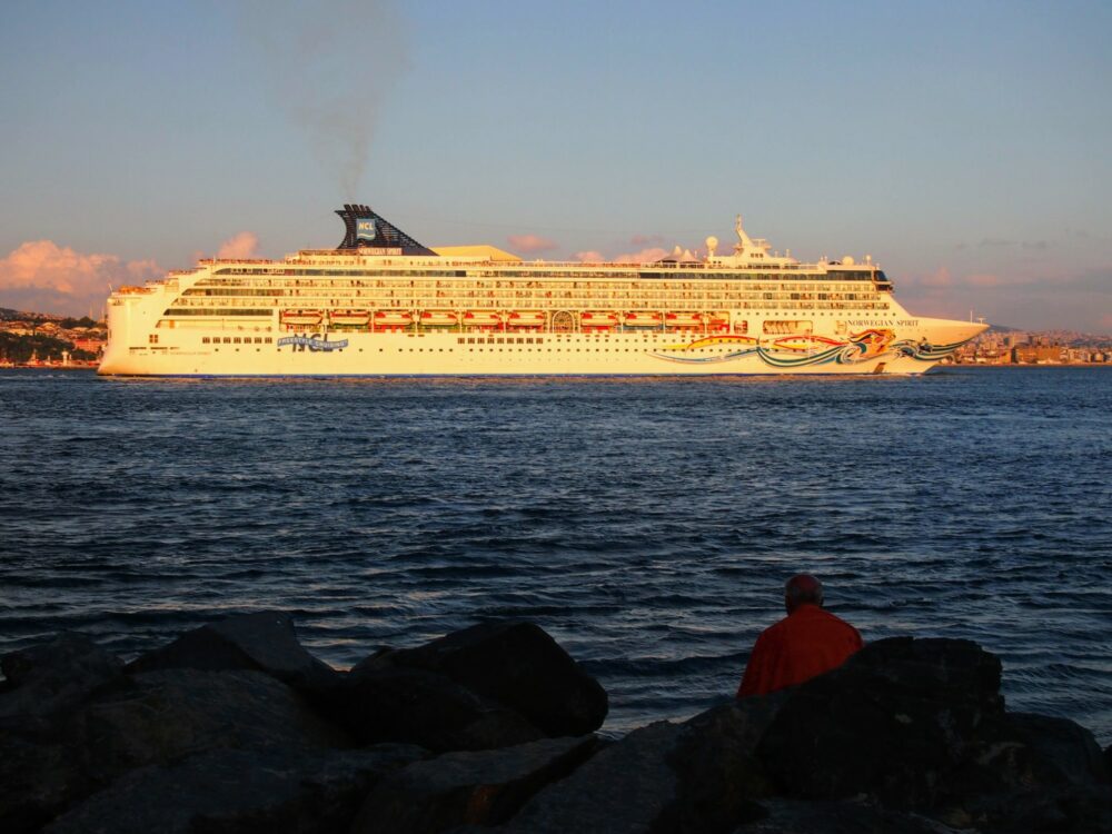 Large cruise ship passing as a man in an orange jacket watches from the rocky coasting