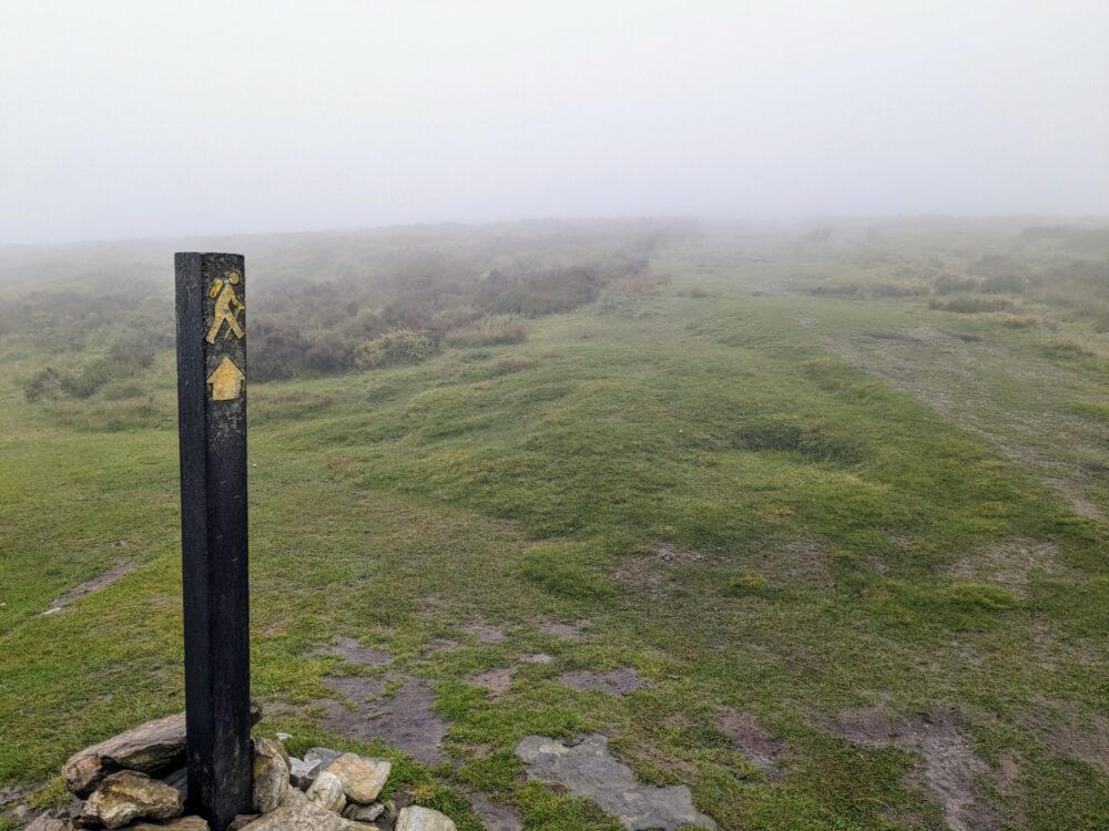Foggy view beside a trail marker on the Wicklow Way, with a side trail heading off to the right