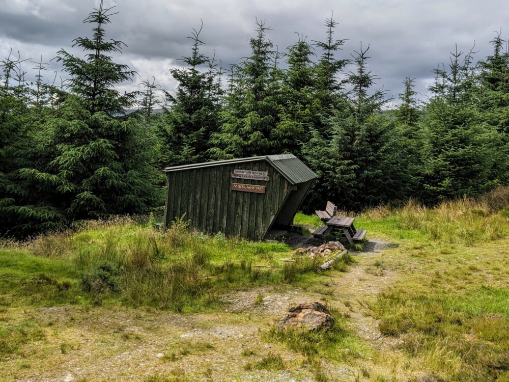 Wooden shelter in a grassy clearing on the Wicklow Way, with a roof and three walls. A picnic table is outside