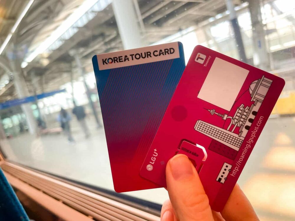 Hand holding two different types of T-Money card in South Korea, looking out a train window