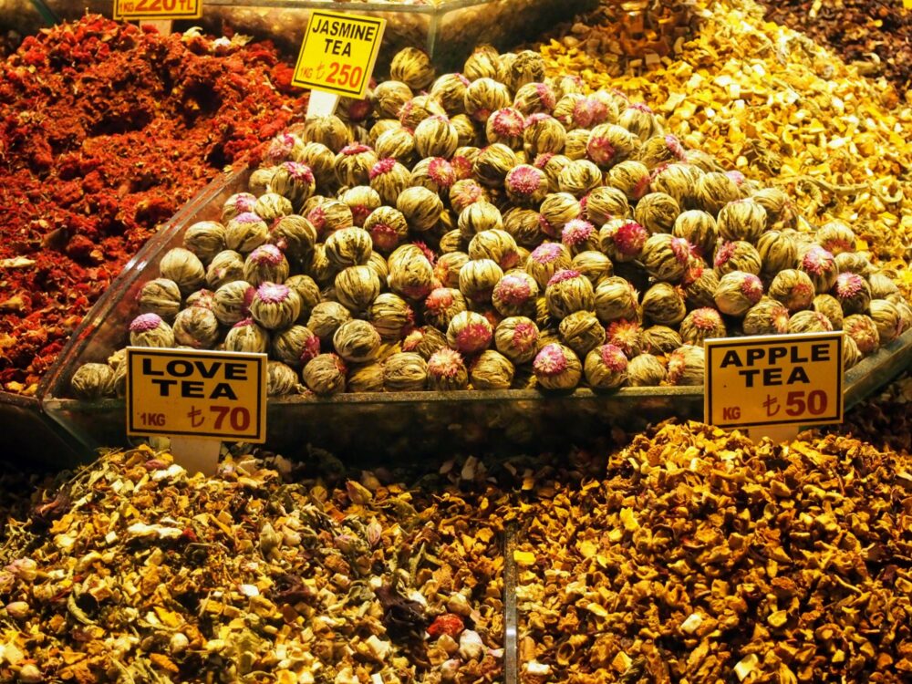 Multiple types of tea for sale at the Spice Market in Istanbul