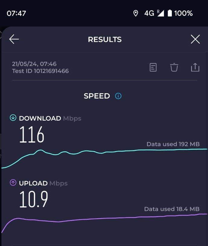 Screenshot of Airalo LTE speed test showing 116Mbps download and 10.9Mbps upload. 