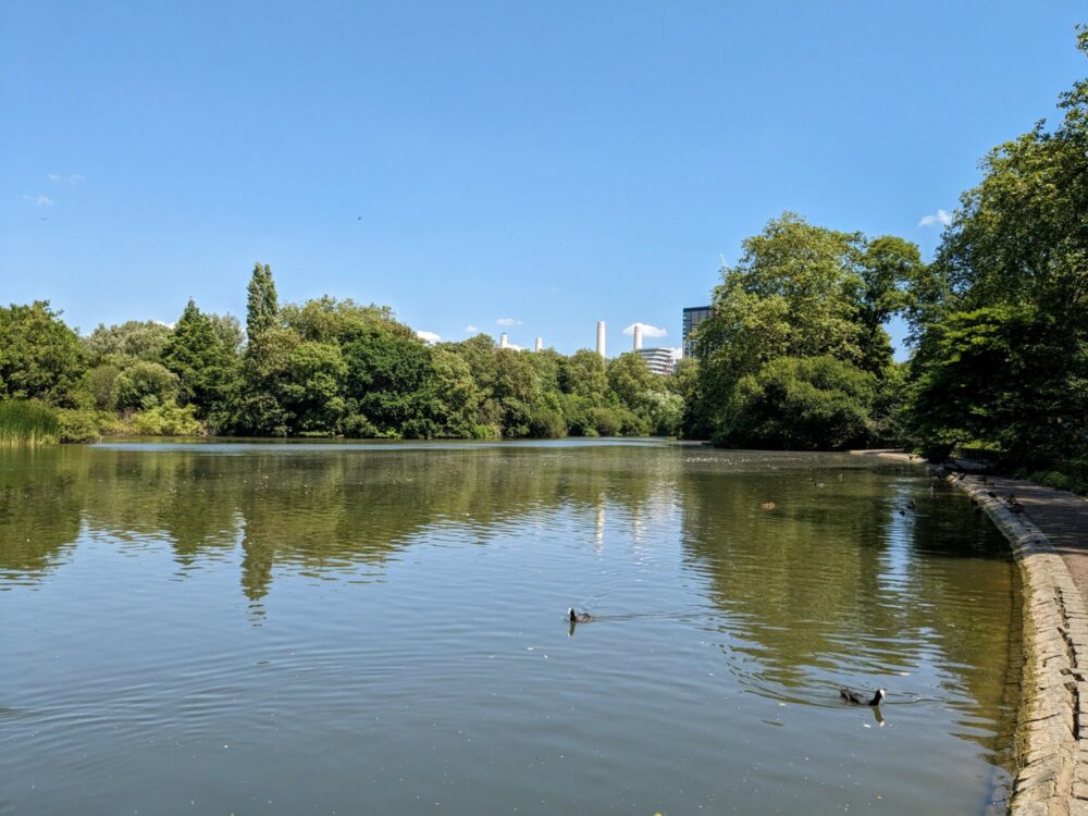 Lake in a park with trees surrounding it, looking towards the chimneys of the old Battersea Power Station in the distance