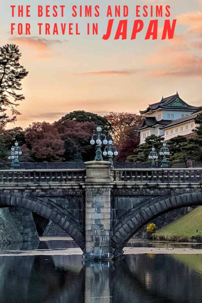 Photo of a stone bridge over still water with a Japanese castle in the background, with the text "The Best SIMs and eSIMs for travel in Japan" overlaid at the top.