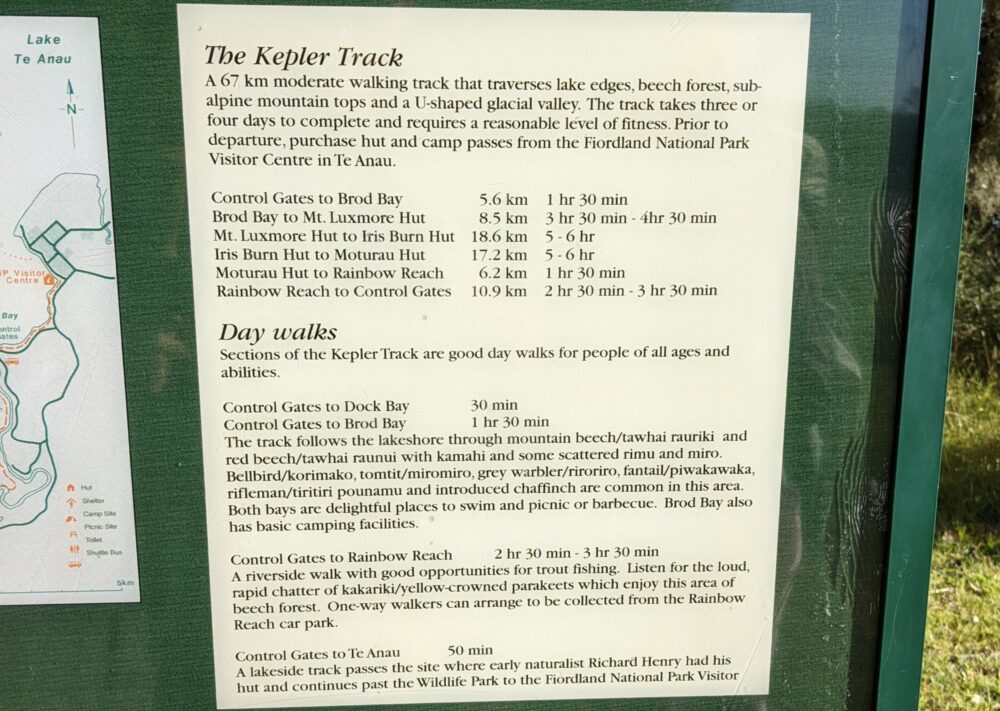 Information board for the Kepler Track, showing a total distance of 67km, with breakdown into six sections