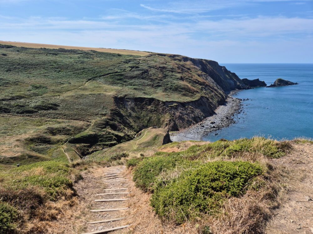 Walking trail beside the ocean with steep steps dropping down into a valley with a zigzag path up the other side