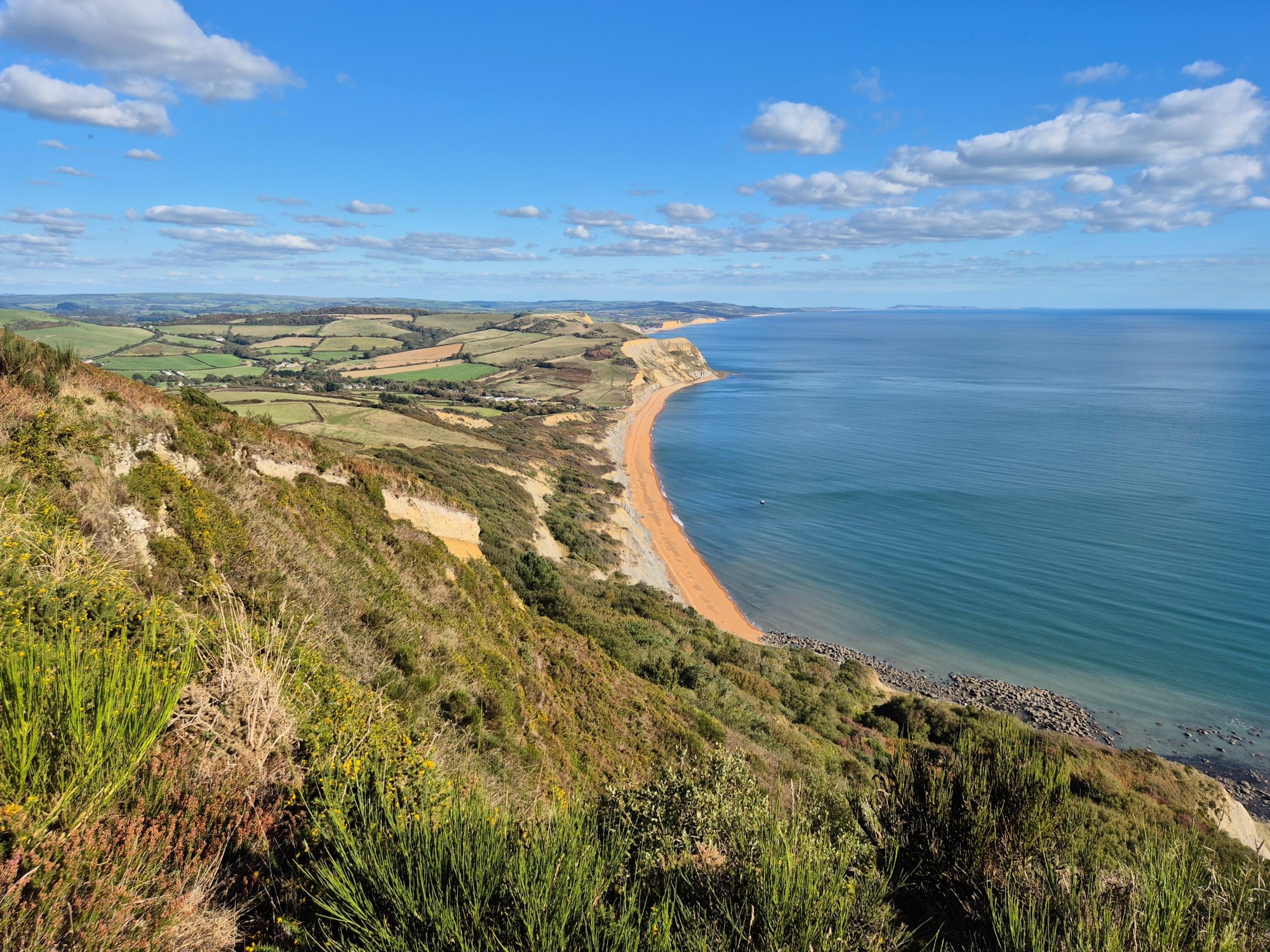 View from a tall hill over a long orange beach and fields, with ocean on the right.